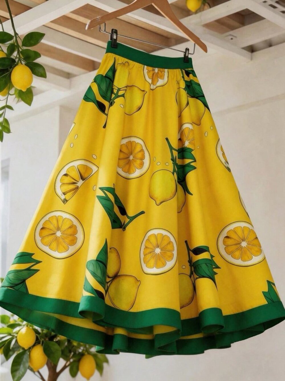 Yellow Casual Women's Vacation Lemon Print A-Line Skirt